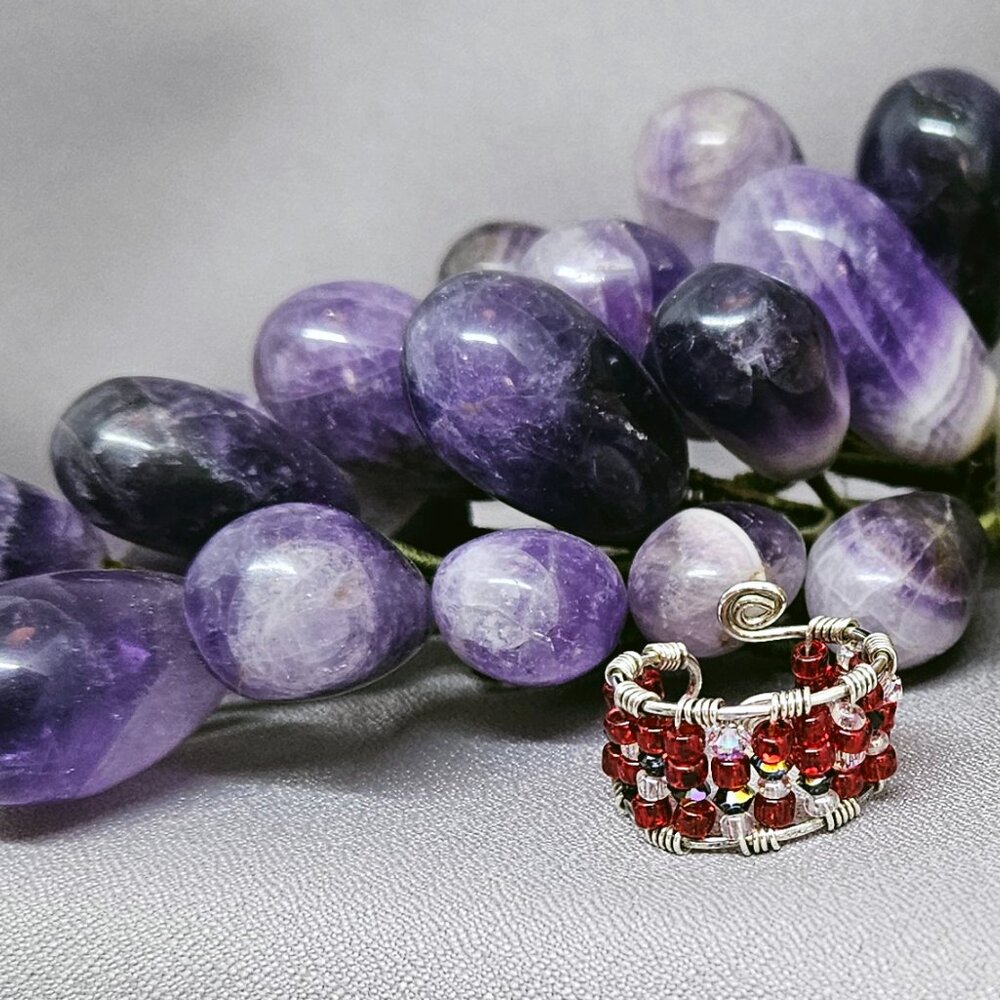 Handmade Ring Red & Black Glass Beads & Swarovski Crystals w/ SS Wire Size 4.5